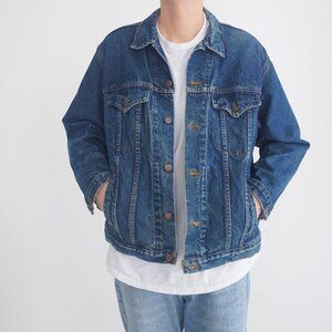 Vintage Vegas Dark Wash Button Up Blue Denim Jacket Size Large